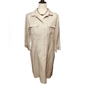 2751) Alex Marie Beige Button down Linen Blend 3/4 Sleeve Shirt Dress Size 12
